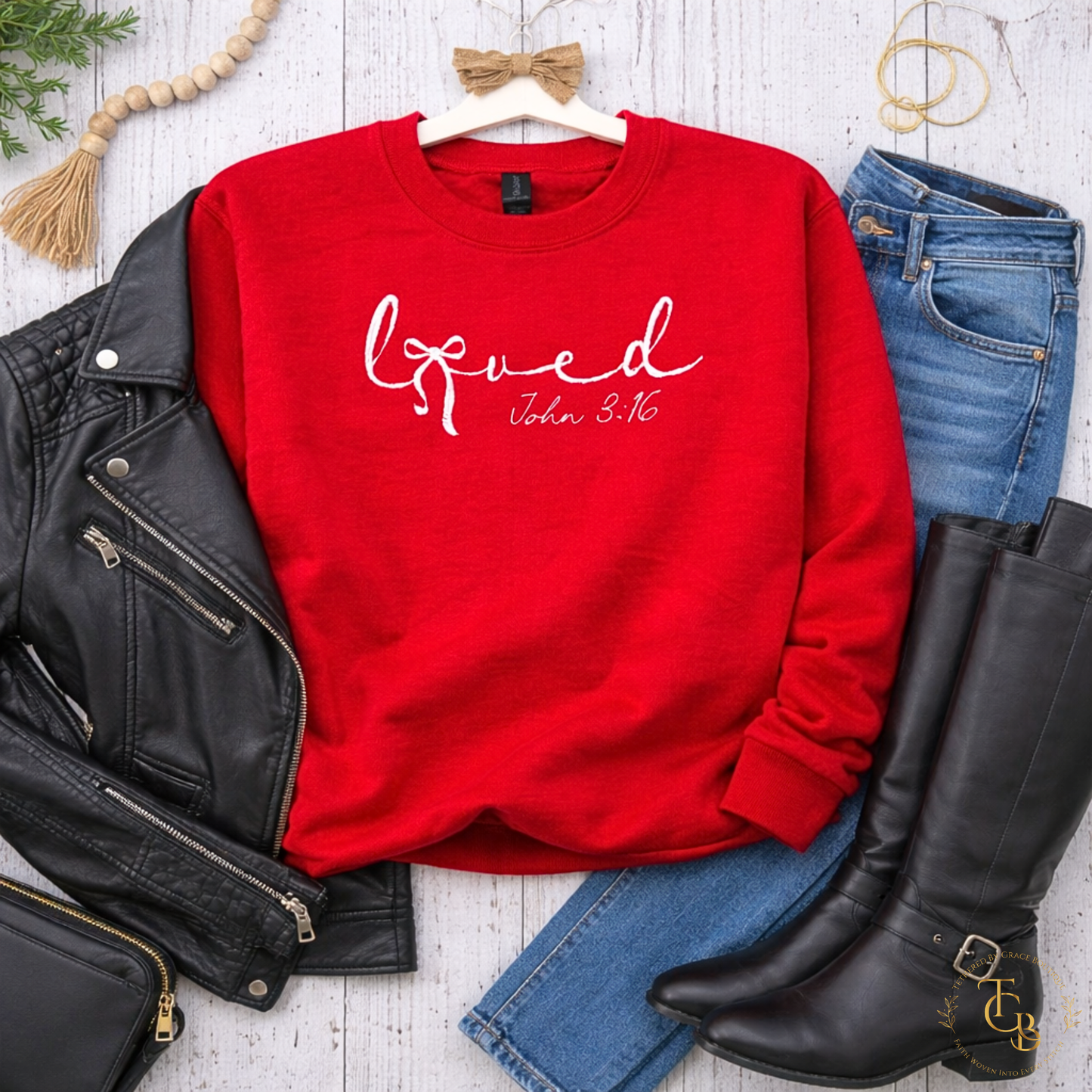 Loved Embroidered Crewneck Sweatshirt – John 3:16 | Women’s Faith Apparel