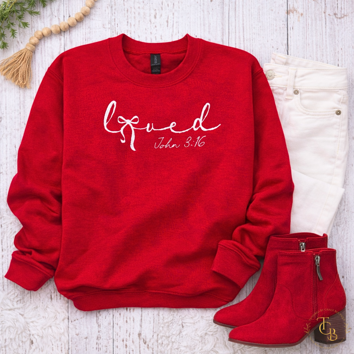 Loved Embroidered Crewneck Sweatshirt – John 3:16 | Women’s Faith Apparel