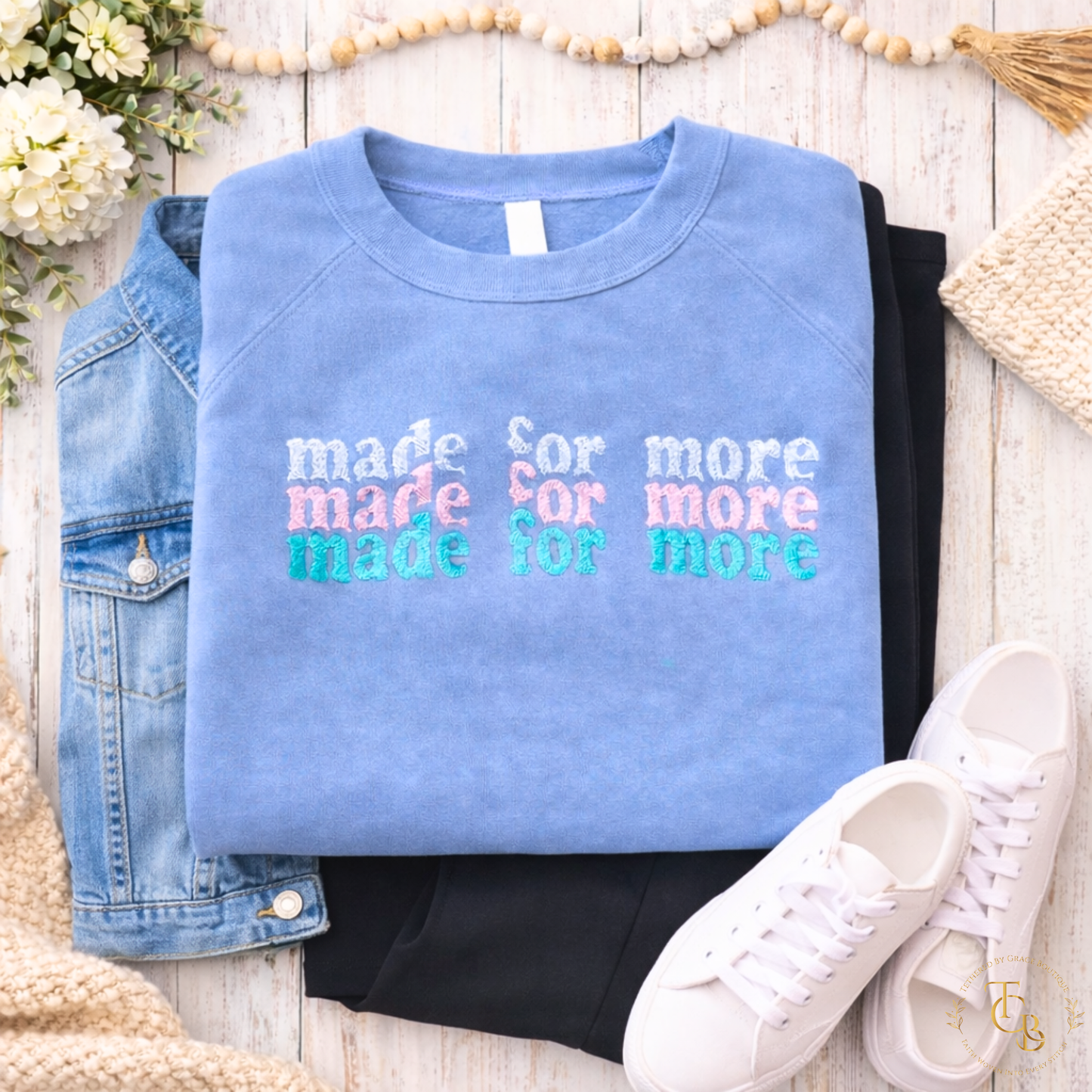 Made for More Premium Embroidered Crewneck Sweatshirt – Ephesians 2:10 Christian Boutique Pullover