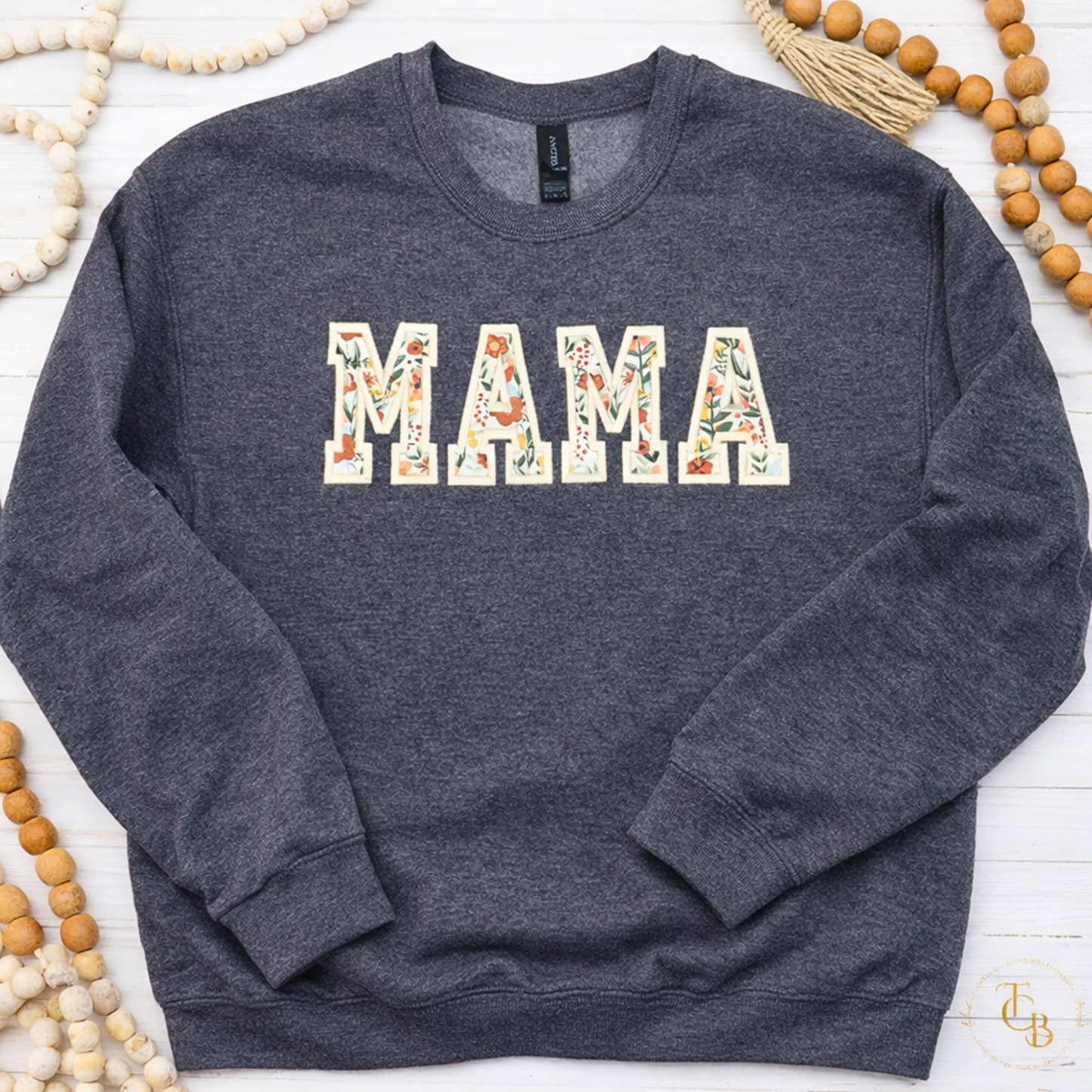 Mama Floral Embroidered Crewneck Sweatshirt – Extended Sizes XS, 4X, 5X | Custom Name Sleeve | Premium Appliqué (Dark Heather Only)