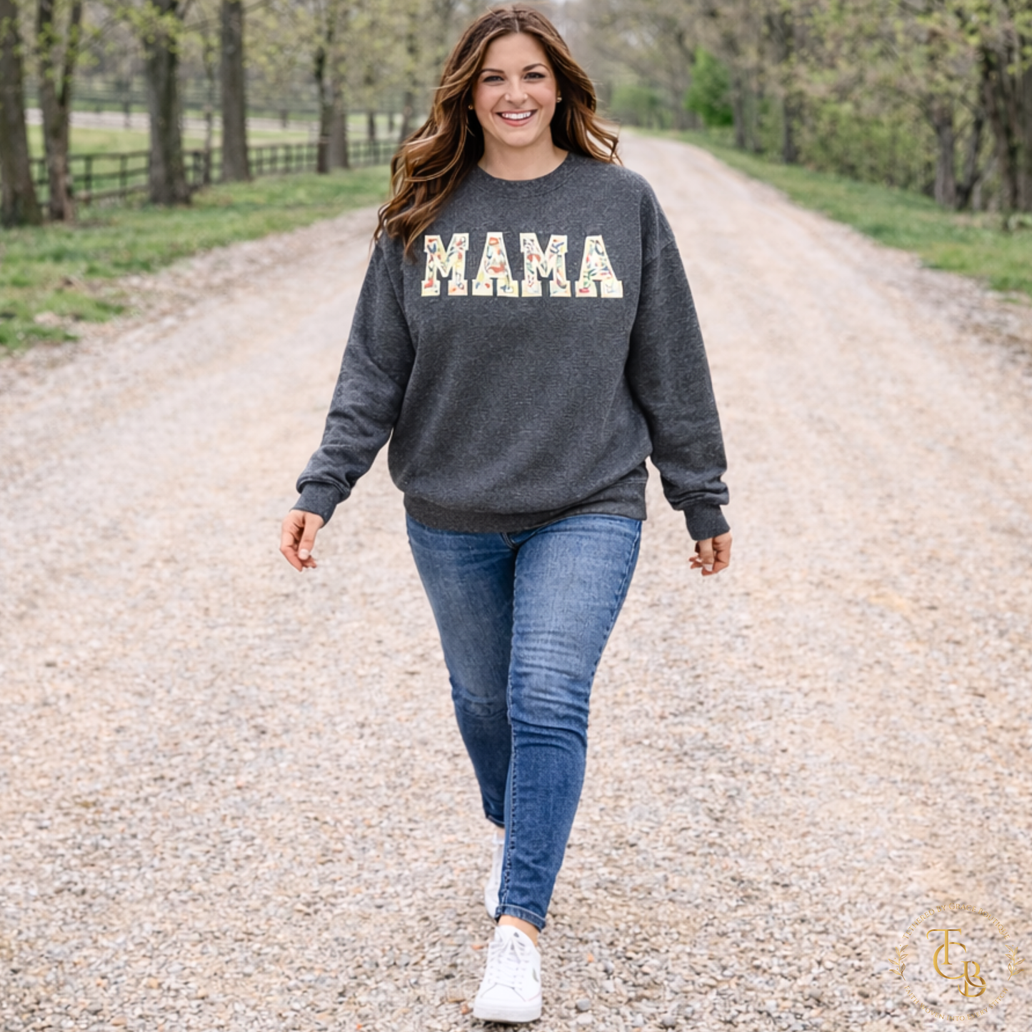Mama Floral Embroidered Crewneck Sweatshirt – Extended Sizes XS, 4X, 5X | Custom Name Sleeve | Premium Appliqué (Dark Heather Only)