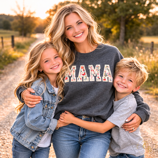 Mama Floral Embroidered Crewneck Sweatshirt – Extended Sizes XS, 4X, 5X | Custom Name Sleeve | Premium Appliqué (Dark Heather Only)