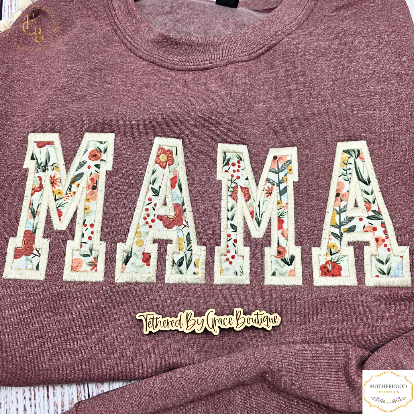 Mama Floral Embroidered Crewneck Sweatshirt | Custom Name Sleeve | Premium Appliqué | Standard Sizes S–3X