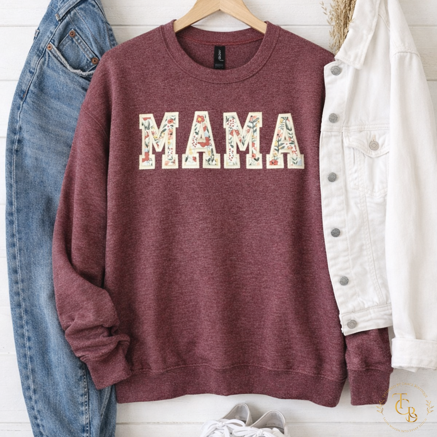 Mama Floral Embroidered Crewneck Sweatshirt | Custom Name Sleeve | Premium Appliqué | Standard Sizes S–3X
