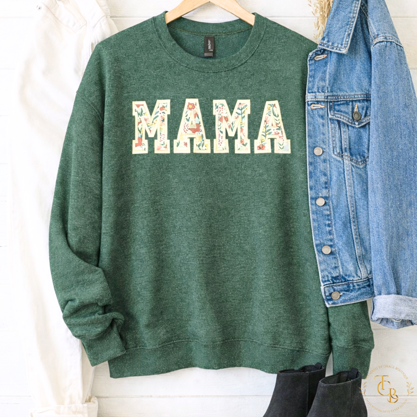 Mama Floral Embroidered Crewneck Sweatshirt | Custom Name Sleeve | Premium Appliqué | Standard Sizes S–3X