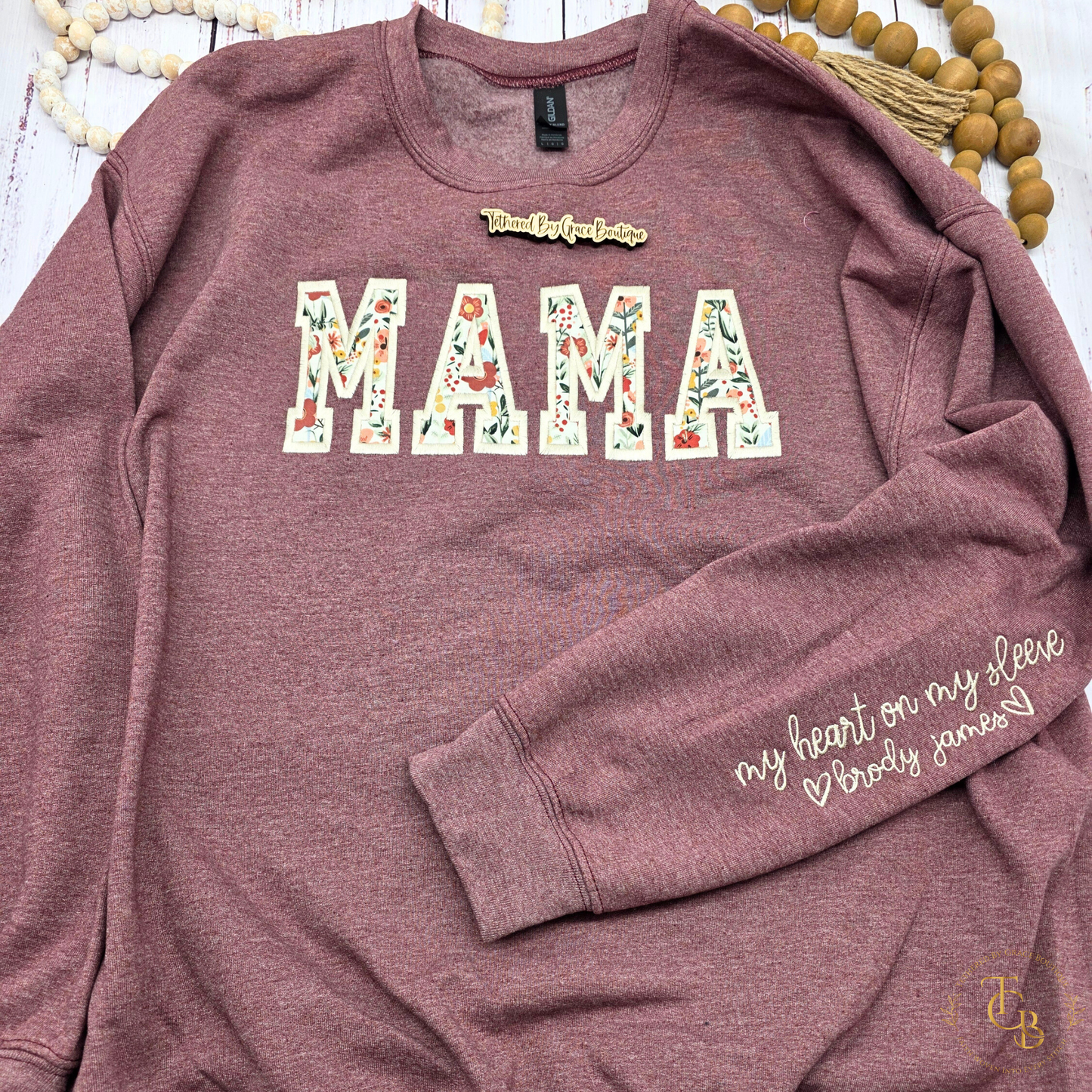 Mama Floral Embroidered Crewneck Sweatshirt – Extended Sizes XS, 4X, 5X | Custom Name Sleeve | Premium Appliqué (Dark Heather Only)