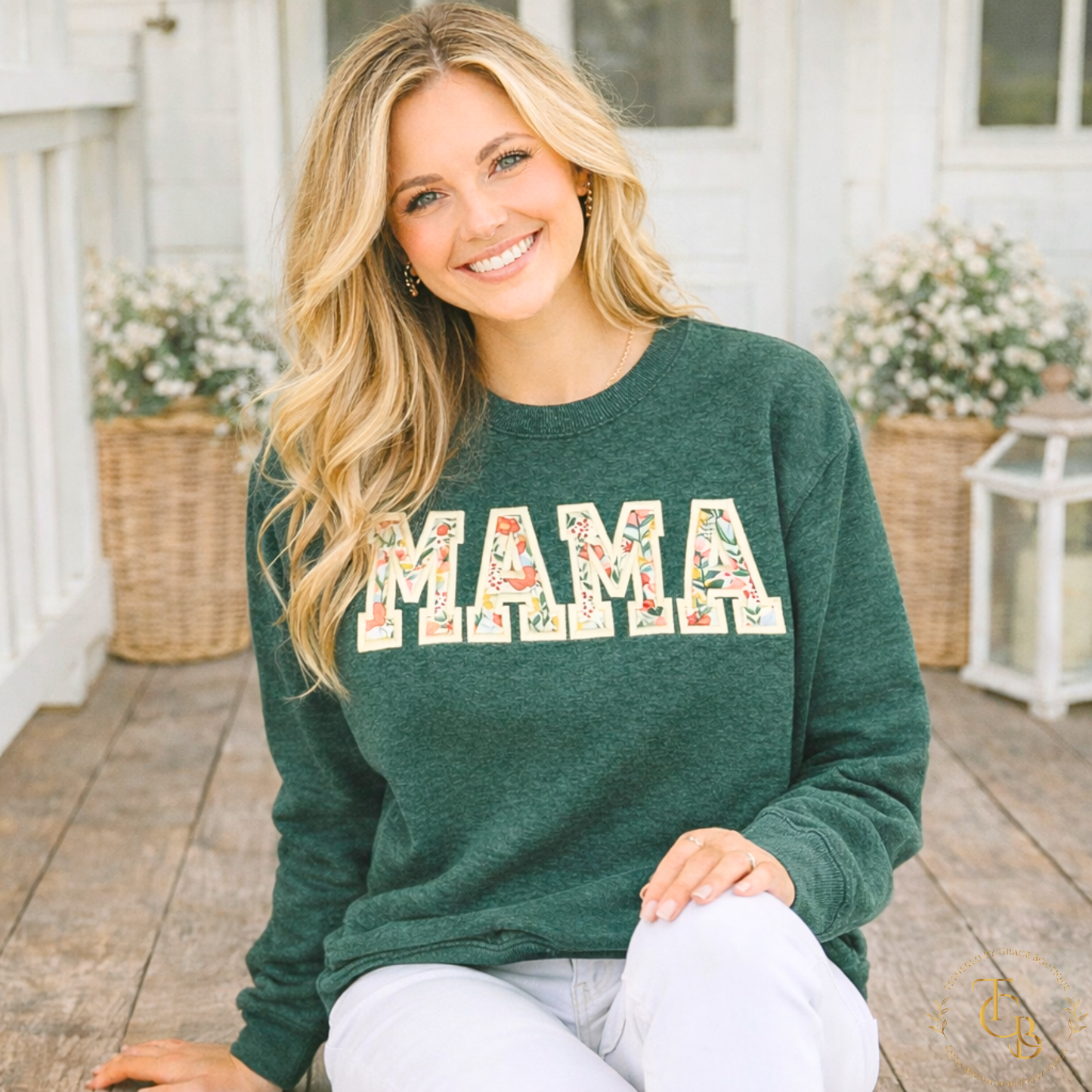 Mama Floral Embroidered Crewneck Sweatshirt | Custom Name Sleeve | Premium Appliqué | Standard Sizes S–3X