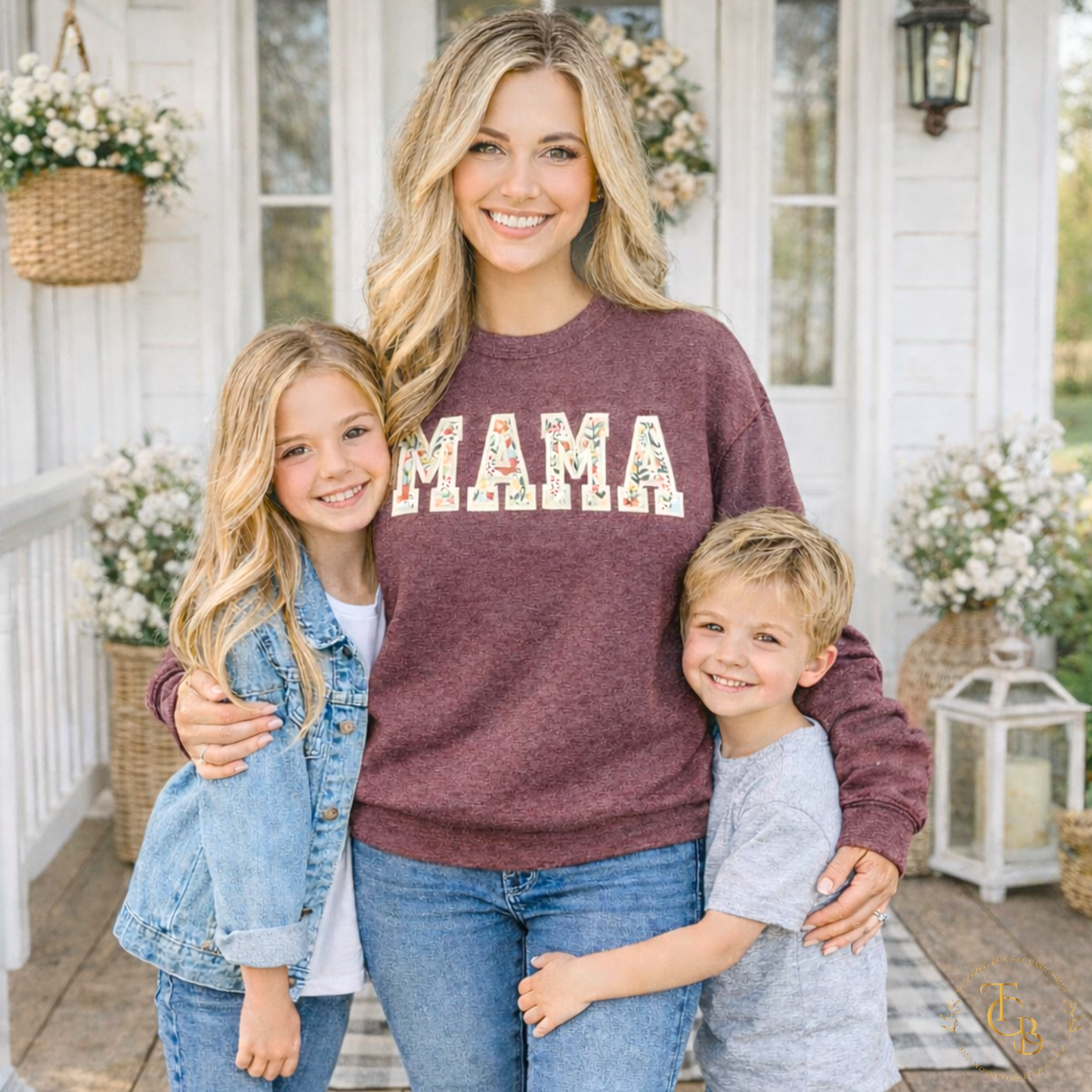Mama Floral Embroidered Crewneck Sweatshirt | Custom Name Sleeve | Premium Appliqué | Standard Sizes S–3X