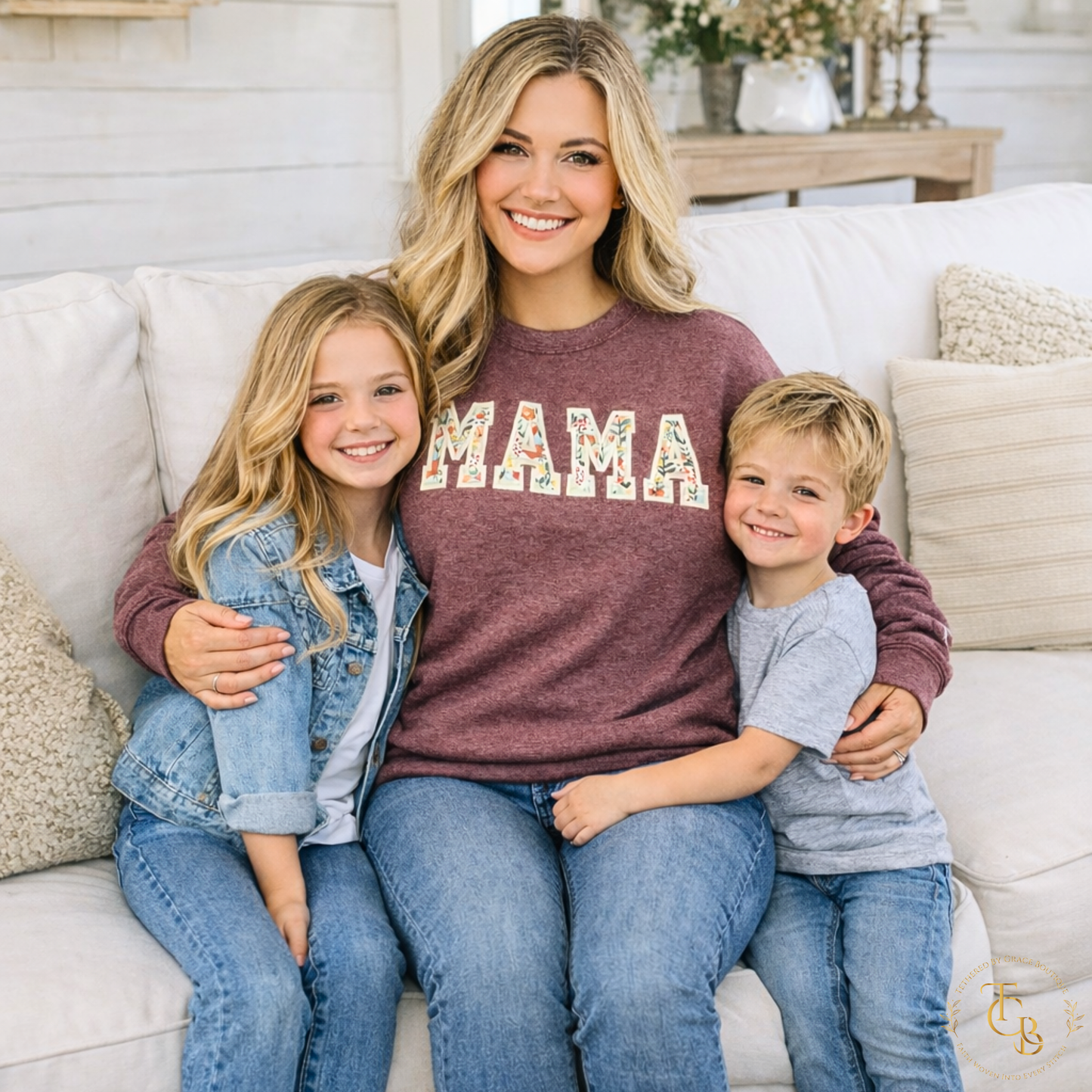 Mama Floral Embroidered Crewneck Sweatshirt | Custom Name Sleeve | Premium Appliqué | Standard Sizes S–3X