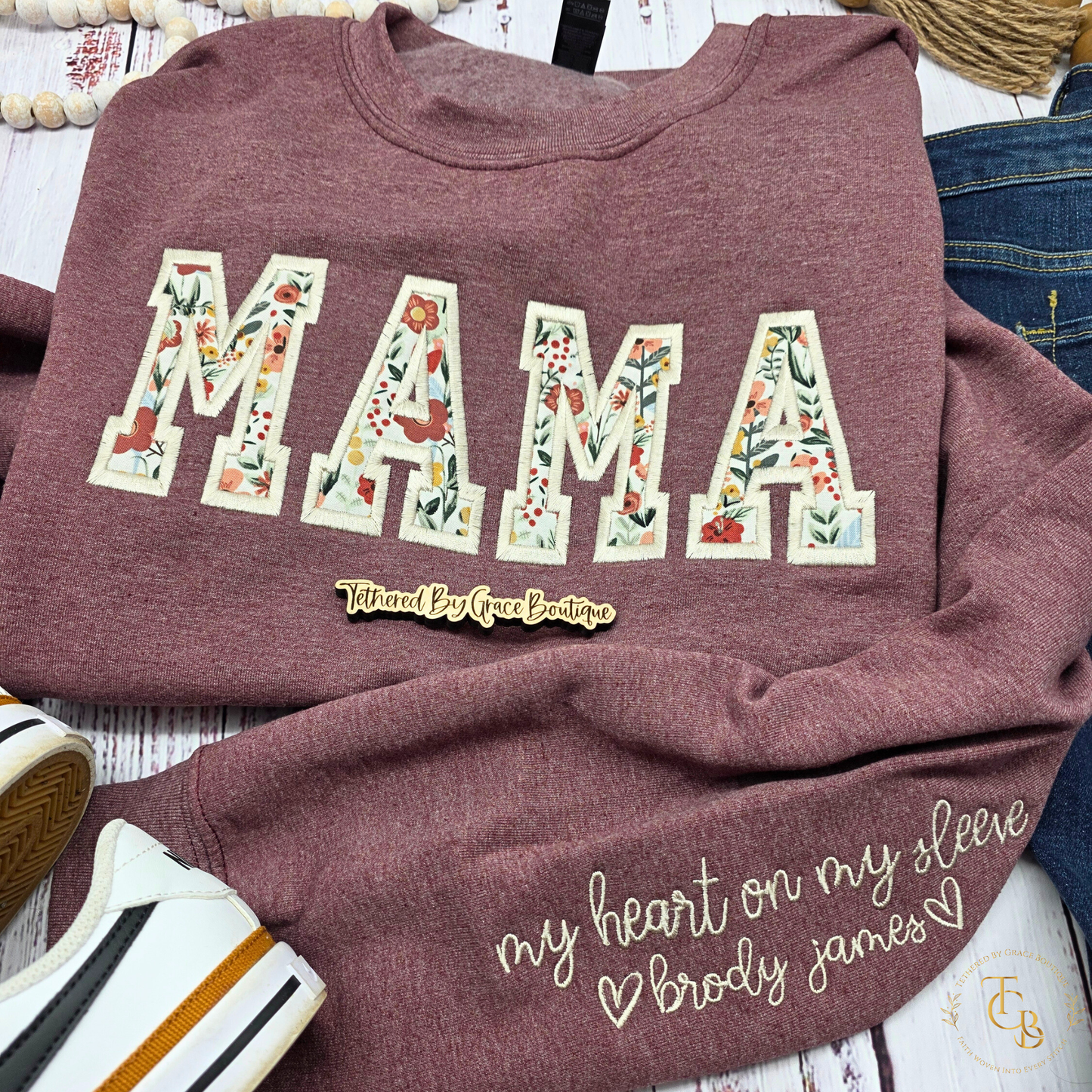 Mama Floral Embroidered Crewneck Sweatshirt | Custom Name Sleeve | Premium Appliqué | Standard Sizes S–3X