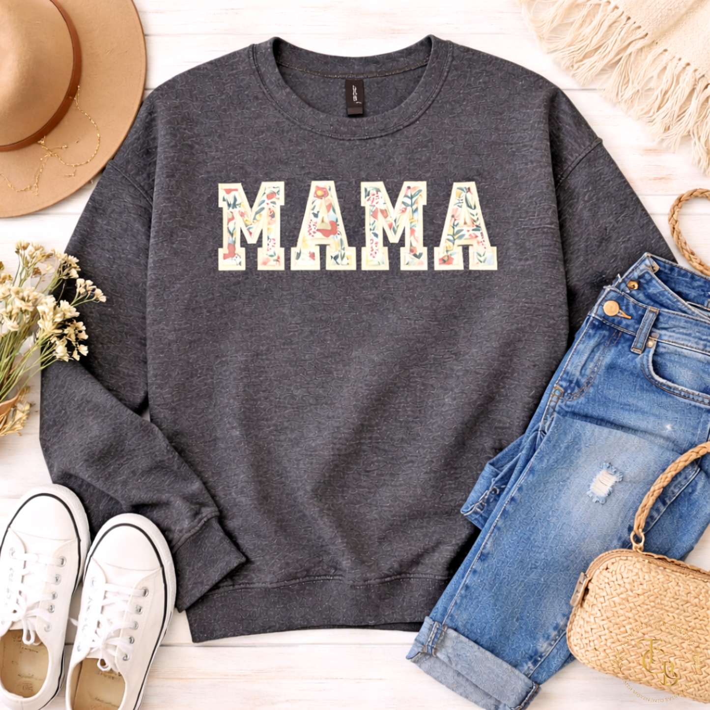 Mama Floral Embroidered Crewneck Sweatshirt – Extended Sizes XS, 4X, 5X | Custom Name Sleeve | Premium Appliqué (Dark Heather Only)