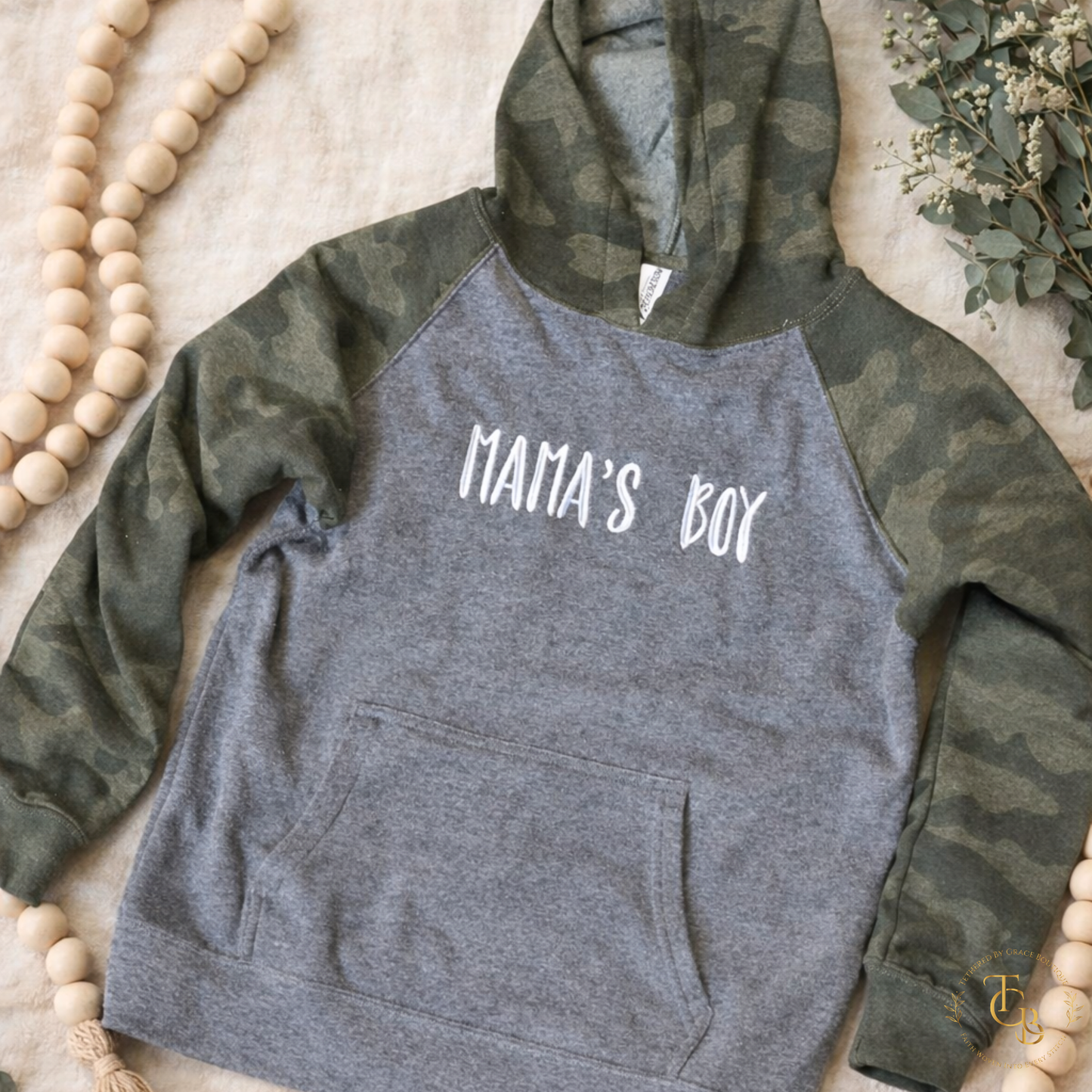 Mama’s Boy Raglan Hoodie – Premium Embroidered Youth Sweatshirt | Camo Sleeve Boutique Style