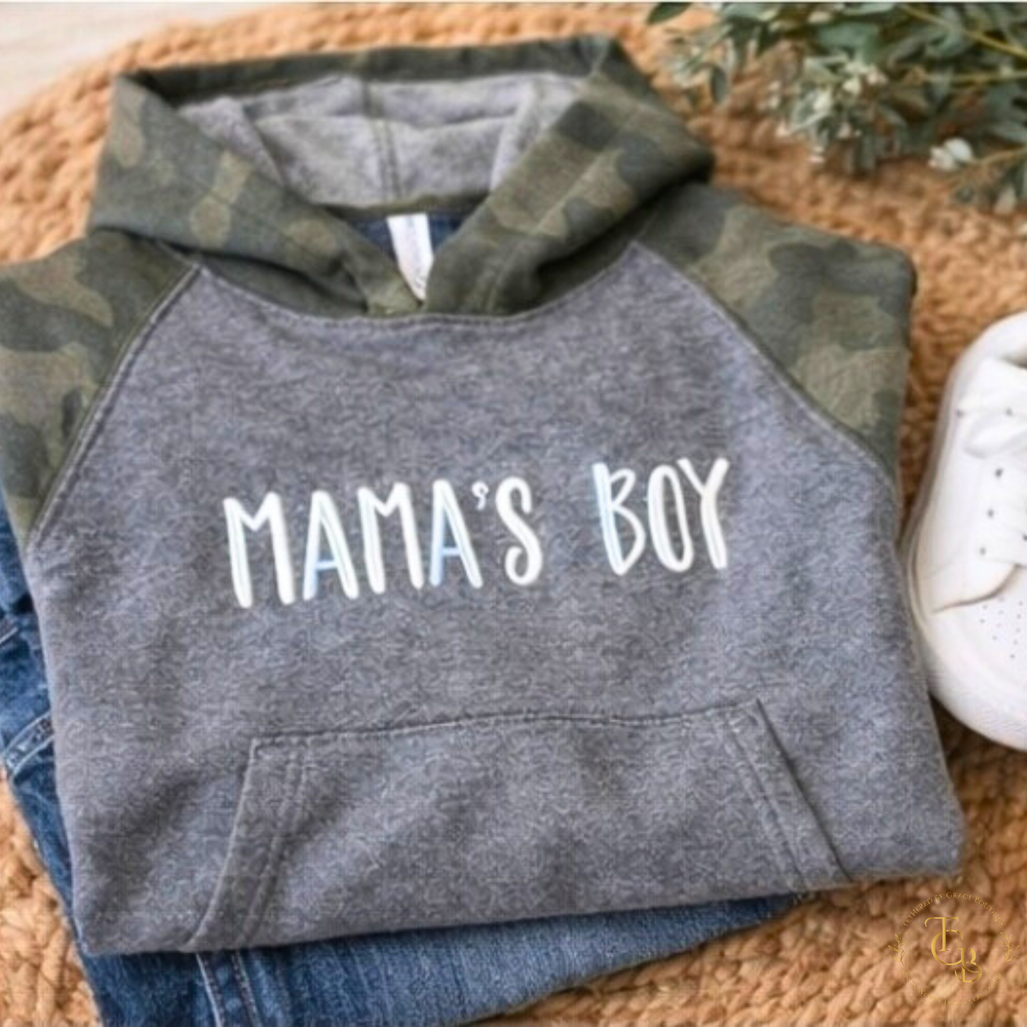 Mama’s Boy Raglan Hoodie – Premium Embroidered Youth Sweatshirt | Camo Sleeve Boutique Style