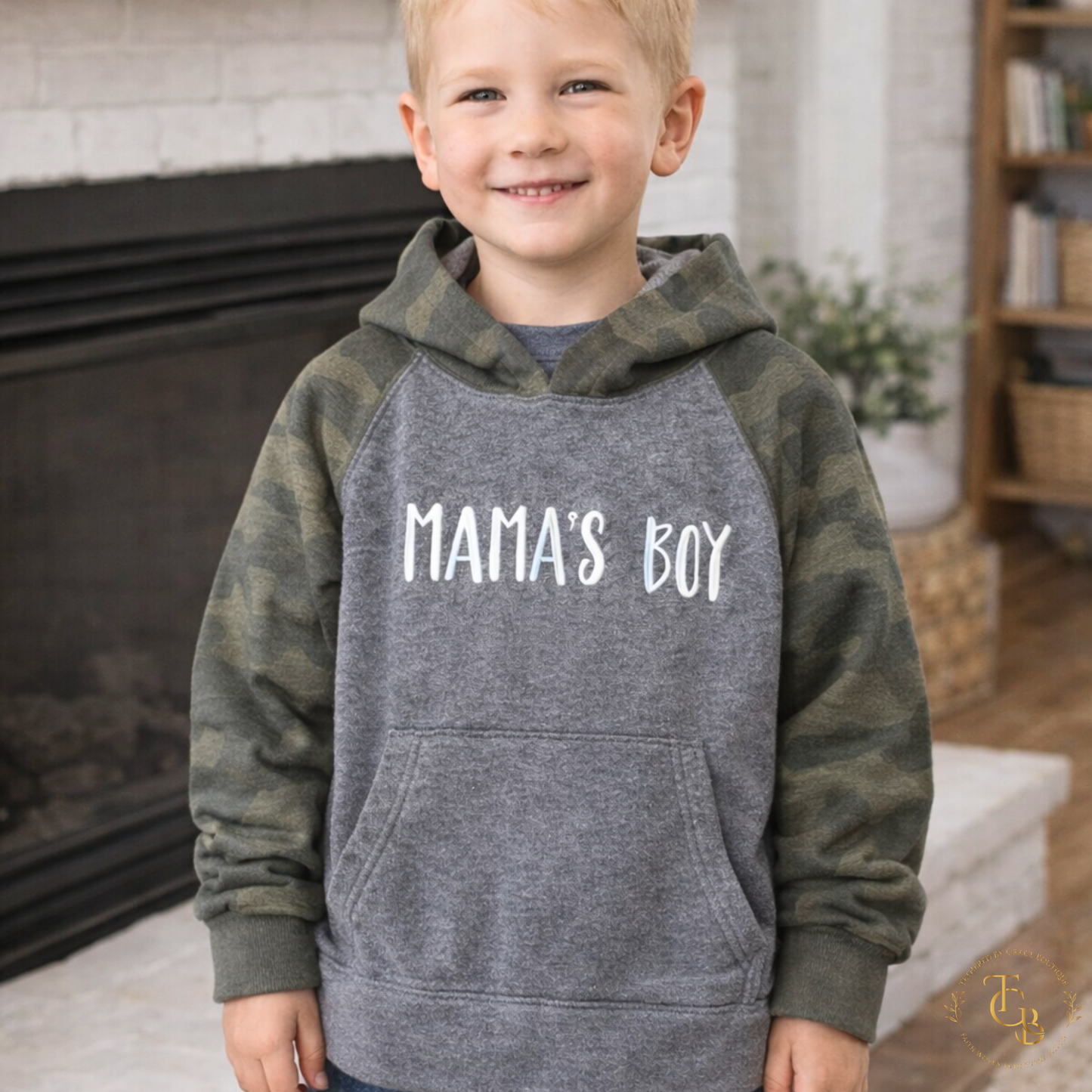 Mama’s Boy Raglan Hoodie – Premium Embroidered Youth Sweatshirt | Camo Sleeve Boutique Style