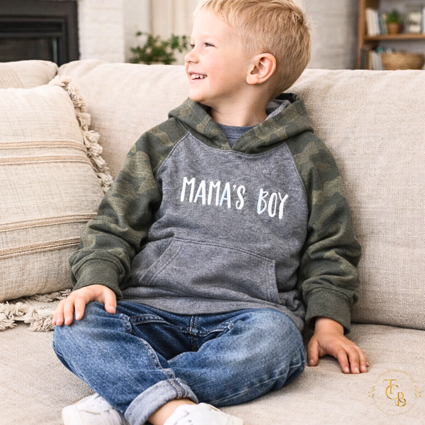 Mama’s Boy Raglan Hoodie – Premium Embroidered Youth Sweatshirt | Camo Sleeve Boutique Style