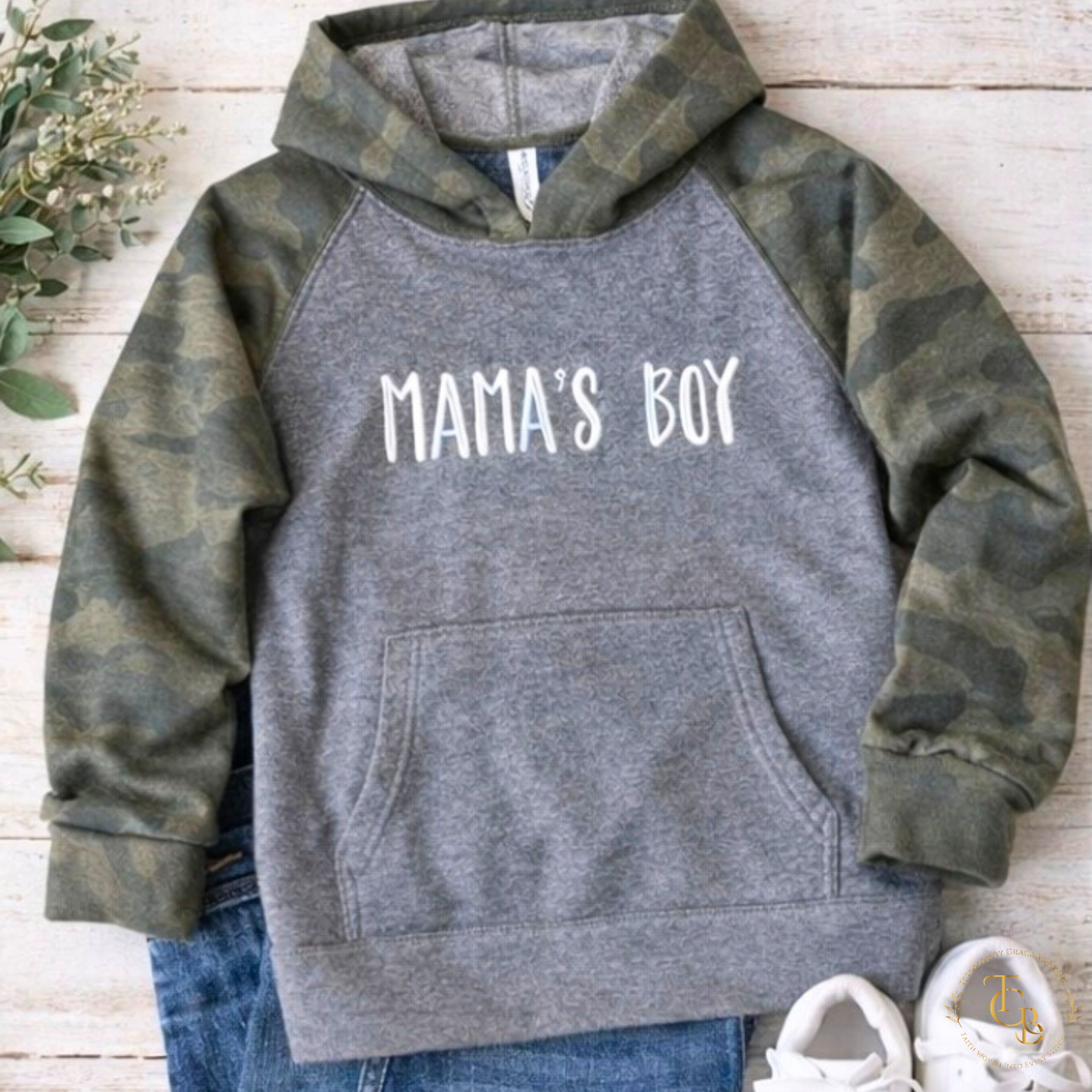 Mama’s Boy Raglan Hoodie – Premium Embroidered Youth Sweatshirt | Camo Sleeve Boutique Style
