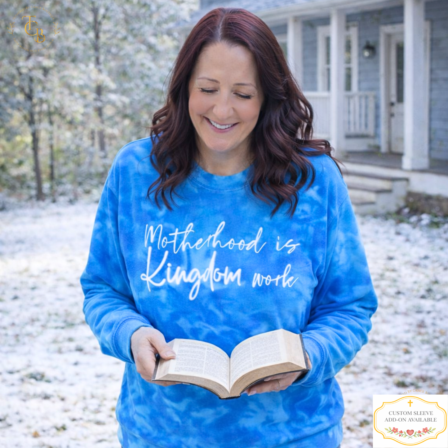 Motherhood Is Kingdom Work – Premium Tie Dye Embroidered Crewneck | Women’s Faith Apparel