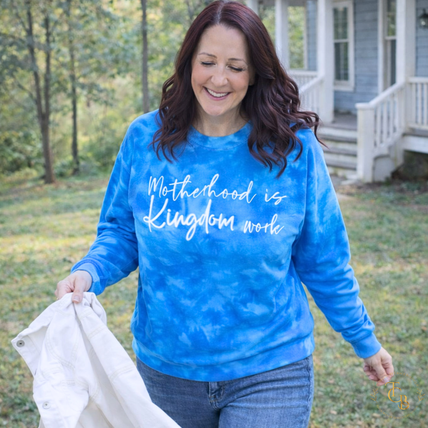 Motherhood Is Kingdom Work – Premium Tie Dye Embroidered Crewneck | Women’s Faith Apparel