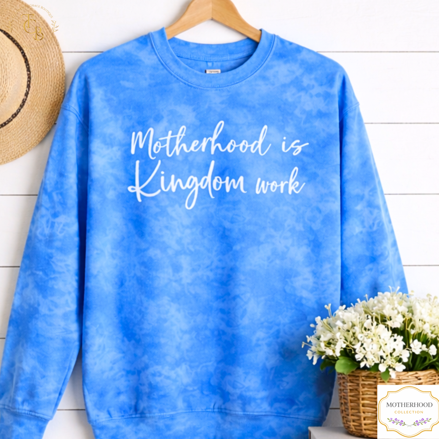Motherhood Is Kingdom Work – Premium Tie Dye Embroidered Crewneck | Women’s Faith Apparel