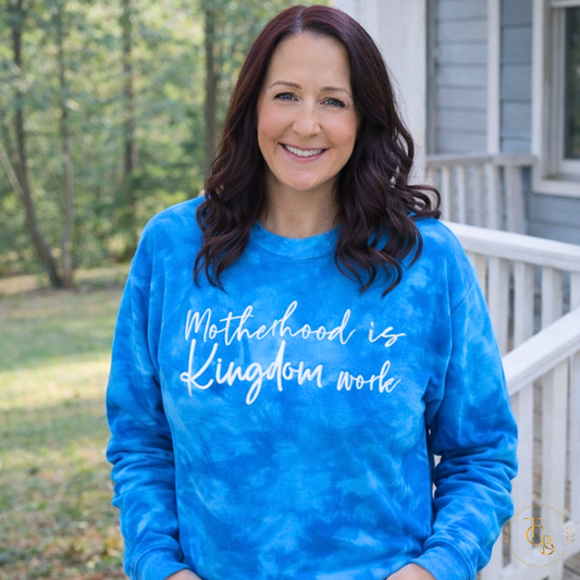 Motherhood Is Kingdom Work – Premium Tie Dye Embroidered Crewneck | Women’s Faith Apparel