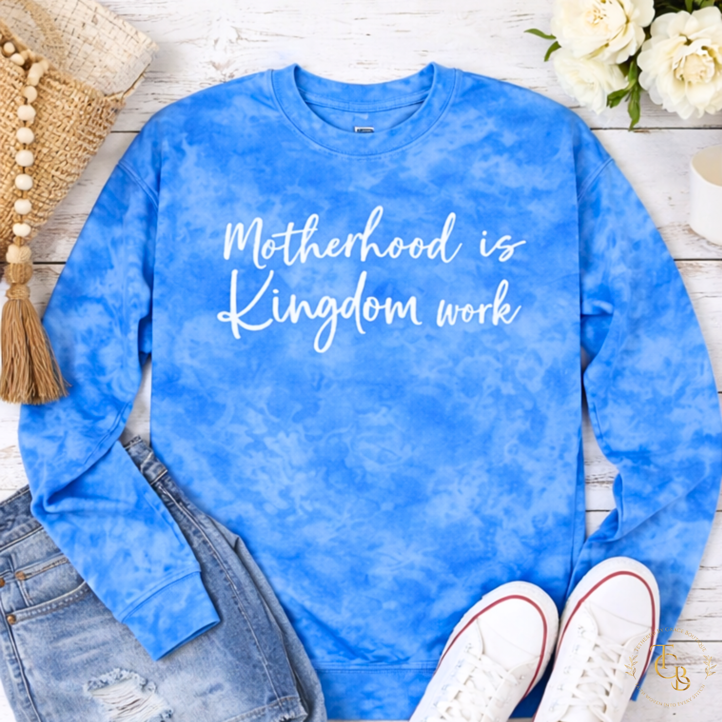 Motherhood Is Kingdom Work – Premium Tie Dye Embroidered Crewneck | Women’s Faith Apparel