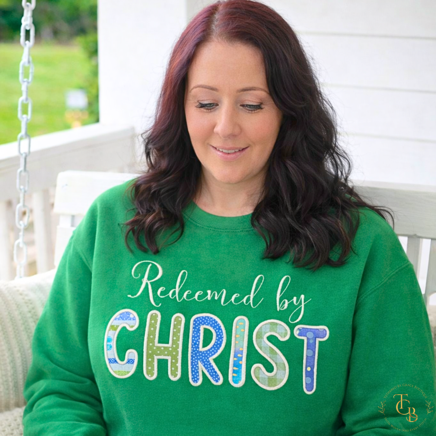 Redeemed by Christ Premium Appliqué Crewneck Sweatshirt – Embroidered Christian Boutique Pullover