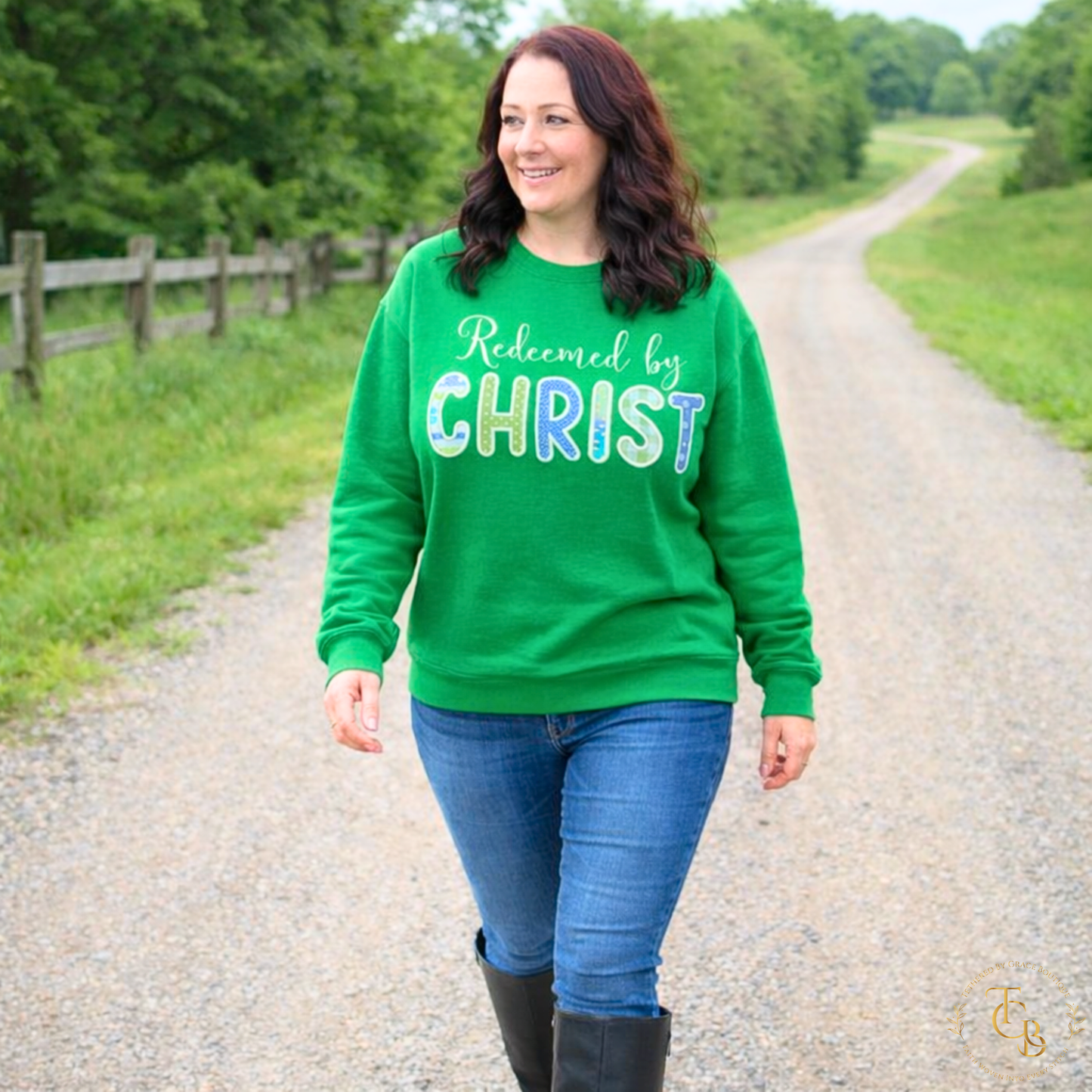 Redeemed by Christ Premium Appliqué Crewneck Sweatshirt – Embroidered Christian Boutique Pullover