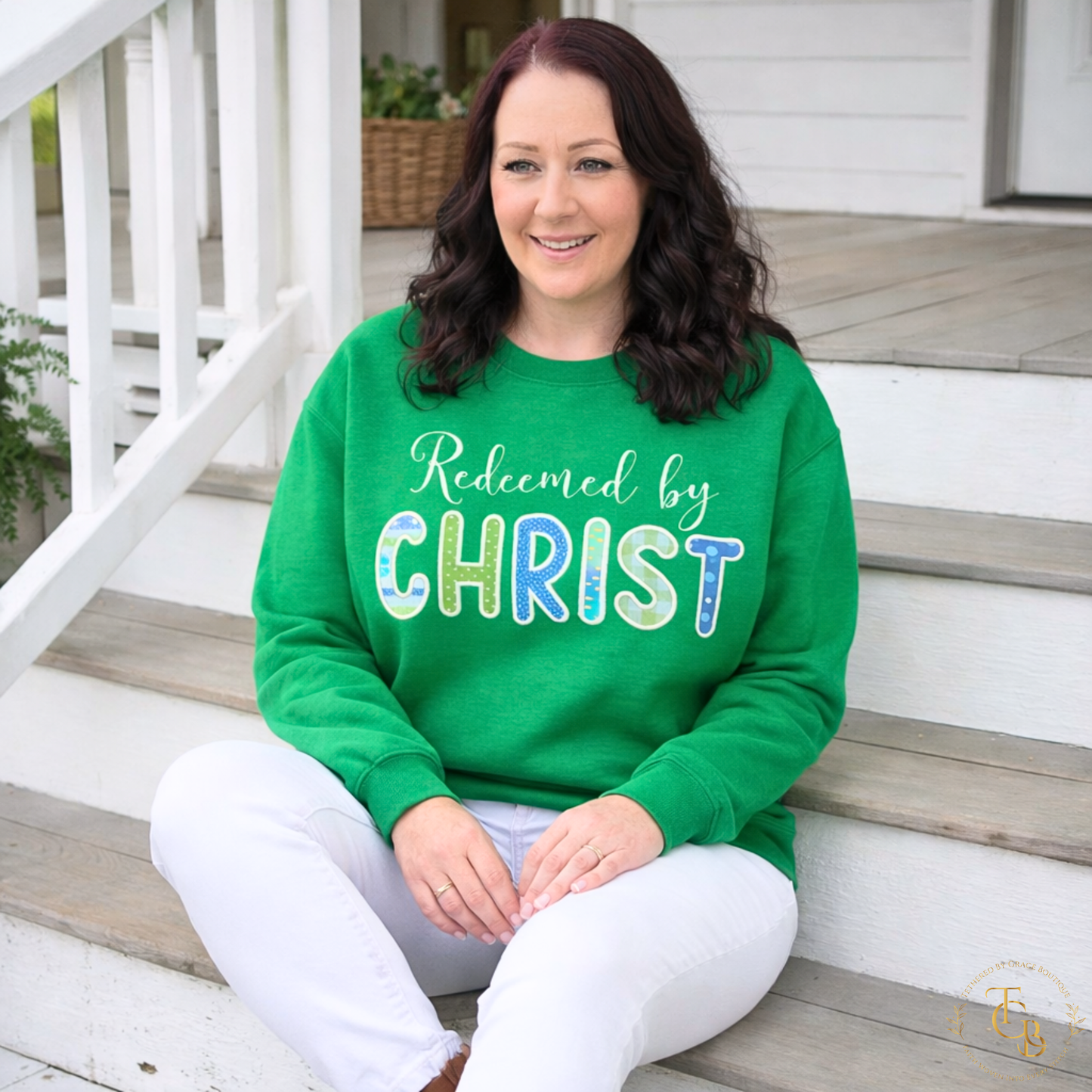 Redeemed by Christ Premium Appliqué Crewneck Sweatshirt – Embroidered Christian Boutique Pullover