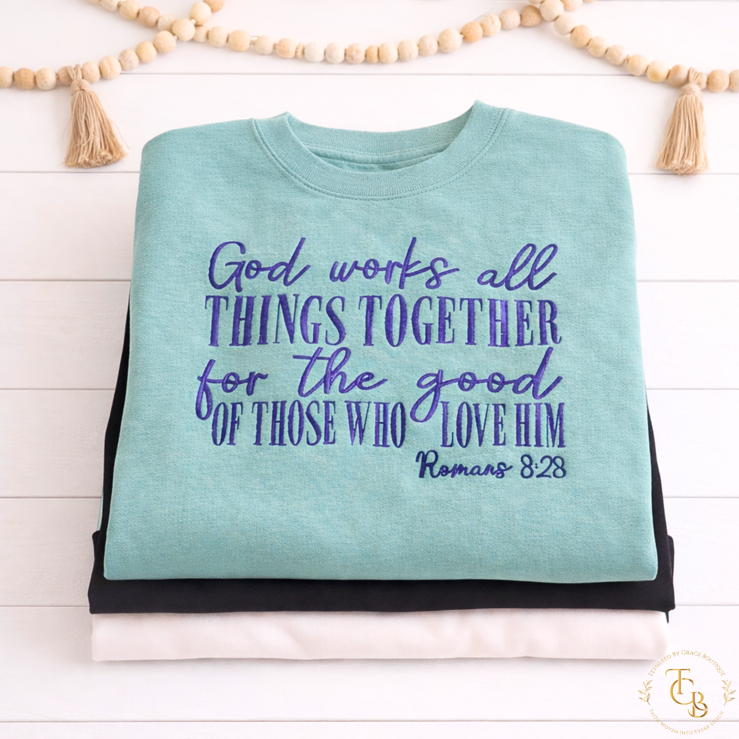 Romans 8:28 Embroidered Crewneck Sweatshirt | God Works All Things Together | Premium Comfort Colors®