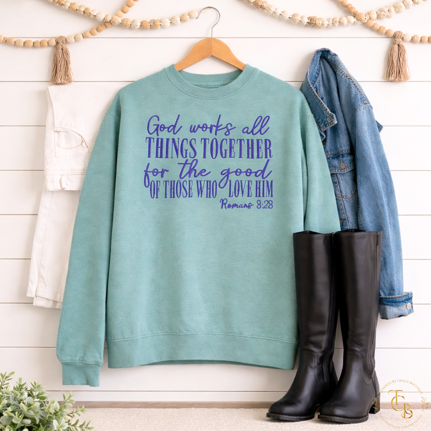 Romans 8:28 Embroidered Crewneck Sweatshirt | God Works All Things Together | Premium Comfort Colors®