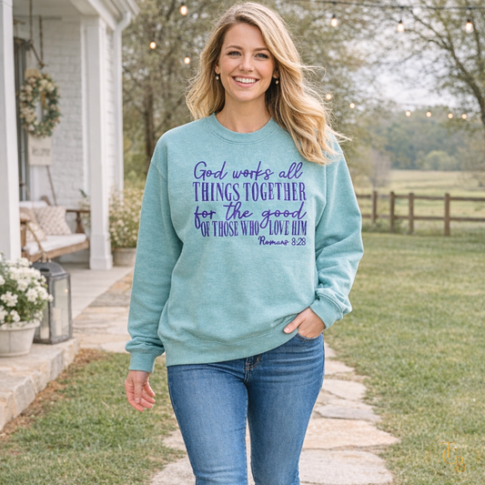 Romans 8:28 Embroidered Crewneck Sweatshirt | God Works All Things Together | Premium Comfort Colors®
