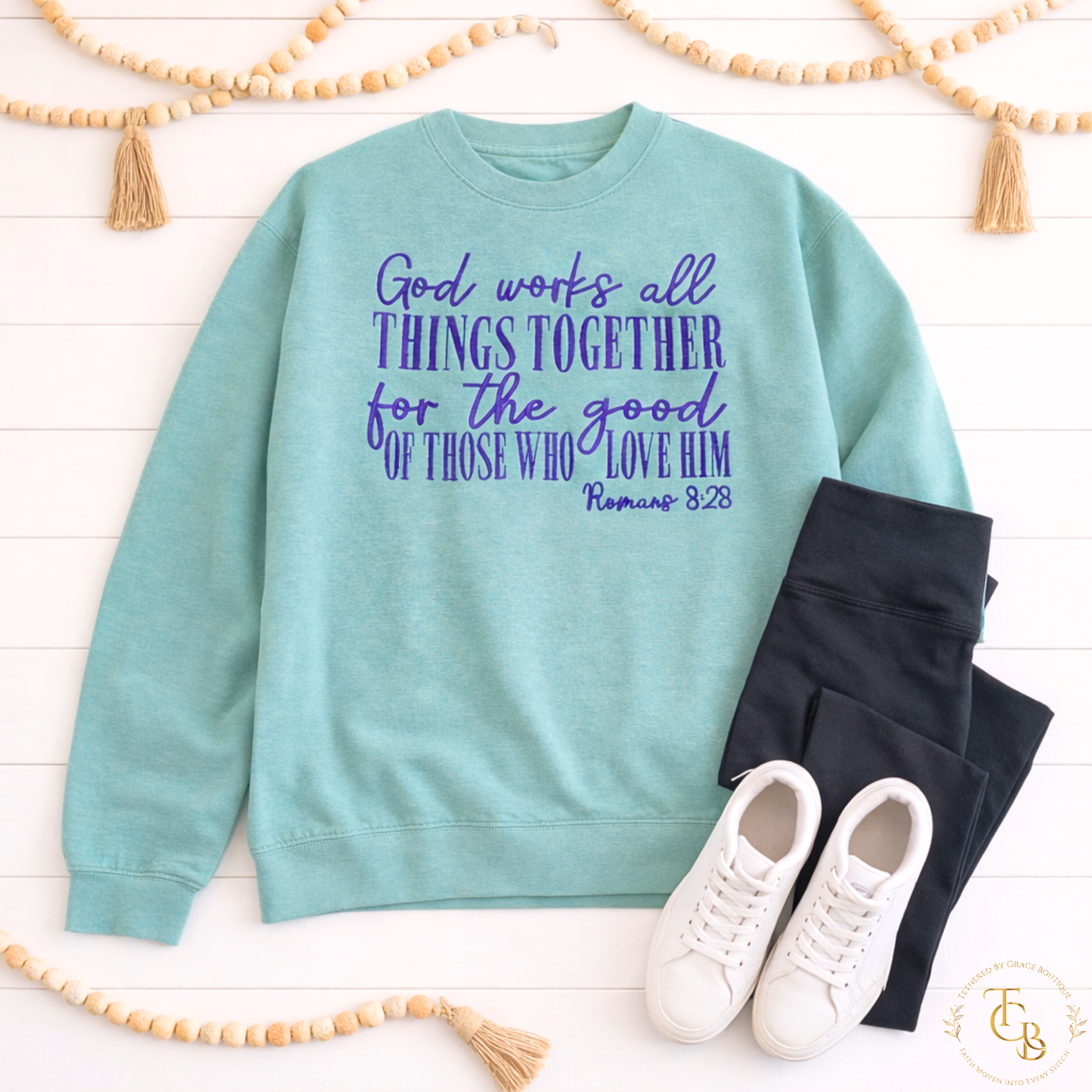 Romans 8:28 Embroidered Crewneck Sweatshirt | God Works All Things Together | Premium Comfort Colors®