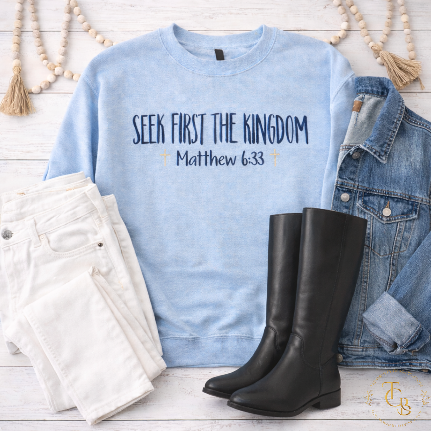 Seek First the Kingdom Embroidered Crewneck Sweatshirt | Matthew 6:33