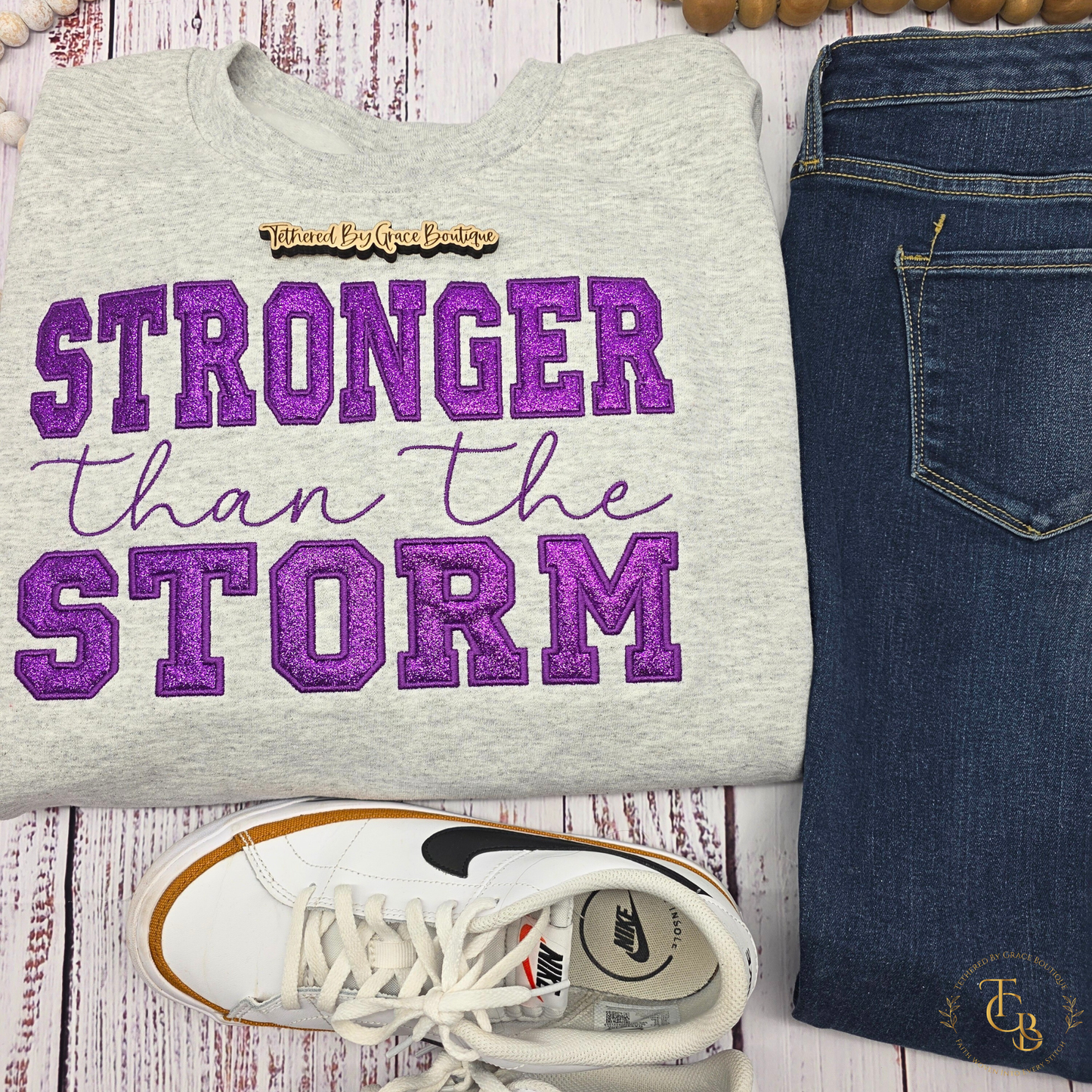 Stronger Than the Storm Embroidered & Appliqué Crewneck Sweatshirt – Inspirational Christian Boutique Pullover